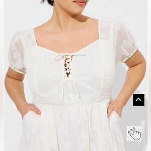 TORRID Midi Cotton Clip Dot Lace Up Smocked Dress in Pristine